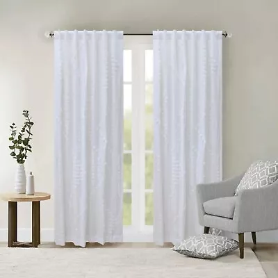 2 WHITE Wild Sage Tufted Triangle 108  L X 50  W Rod Pocket Window Curtains • $97.97