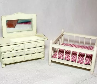 Dollhouse Miniature White Nursery Furniture Playpen Mirrored Dresser 1:16 Scale • $12