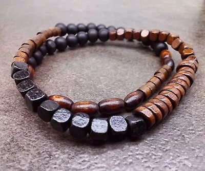 Mens Wood Beaded Bracelet Bangle Cuff Wristband Jewelry Charm Wooden Beads Men • $19.99