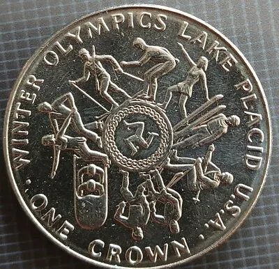 1980 Isle Of Man IoM Winter Olympics Lake Placid One Crown Coin Ref T2 • £4.25