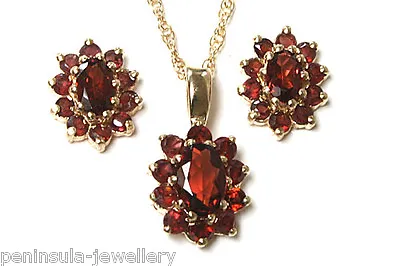 9ct Gold Garnet Pendant Necklace And Earring Set Gift Boxed Made In UK • $209.69