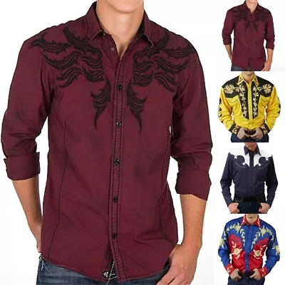 ?Mens Western Long Sleeve Shirts Casual Loose Slim Button Down Dress Shirt Tops? • $19.67