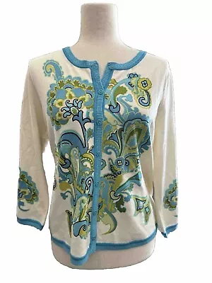 Sigrid Olsen Blue Green Floral Sweater Cardigan Silk P Large Lightweight Summer • $22