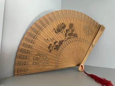 £5 • Buy Chinese Pierced Sandalwood Vintage Fan | Mid Century Chinese Wooden Fan