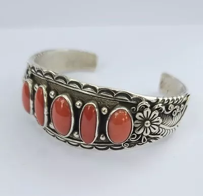 Native American Navajo Sterling Silver Mediterranean Coral Bracelet Circa 1985 • $379.95