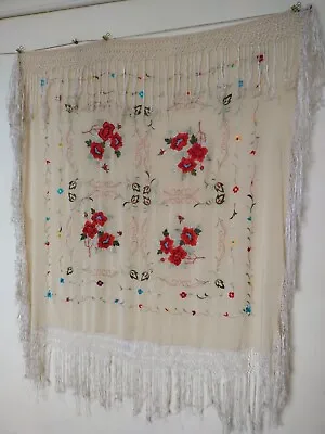 Vintage Silk Shawl Wrap Piano Scarf  Hand Embroidery FRINGE Item576 • $157.50