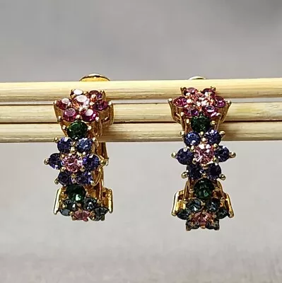 Vintage Joan Rivers Gold-tone Multicolor Rhinestone Flower Hoop Earrings Pierced • $26.25