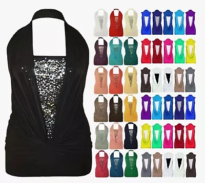 Women Sequin Halter Neck Ruched Boob Tube Ladies Stretch Sleeveless Top • £11.99