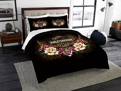 Harley-Davidson Motorcycles Logo Flowers Full Bedding Duvet Covers Set (4pcs) • $59.99