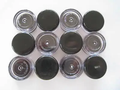 12 X CLEAR ROUND TRAVEL SAMPLE POTS/CONTAINERS 5ml WITH BLACK SCREW LIDS • £5.99