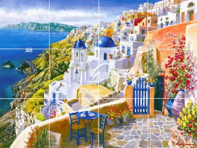 Coffee In Santorini Greece View Of Mediterranean Ceramic Tile Mural Backsplash • $179