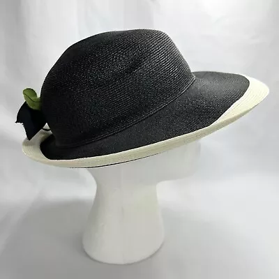 Vtg 50s Marche Exclusive Hat Black Cream Asymmetrical Wide Brim Union Made Nylon • $19.85