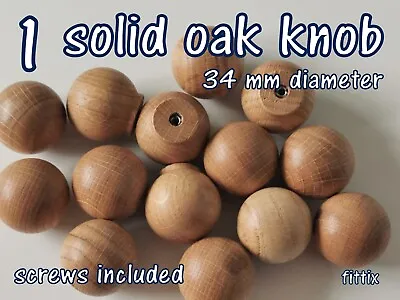 1x Wooden Knob Handle Kitchen Door Drawer  Solid Oak Wood 34 Mm Diameter Round • £1.59