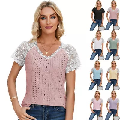 UK Womens Summer Tops Lace Sleeve V Neck Blouse Beach Casual Hollow Cool T Shirt • £9.29