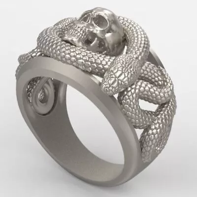 Solid 925 Sterling Silver Snake And Skull Design Men's Ring Biker Musician Gifts • $118.28