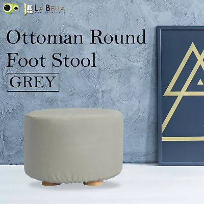 Fabric Ottoman Round Foot Stool Rest Pouffe Wooden Leg Padded Seat - GREY • $40.90