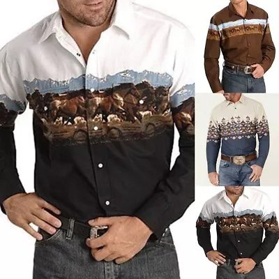 Mens Long Sleeve Shirts-Western Tribal Ethnic Vintage Retro Button Outwear-Tops • $20.66