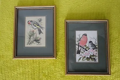 2 X Vintage J&J CASH'S EMBROIDERED BIRDS - Goldfinch & Bullfinch - FRAMED VGC • £14