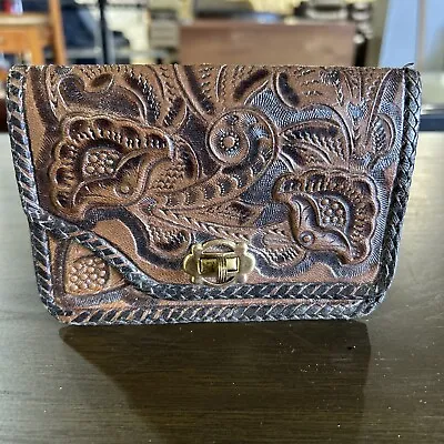 Genuine Leather Hand Tooled Embossed Mexican Vintage Handbag Floral Design 6.5 X • $21.95