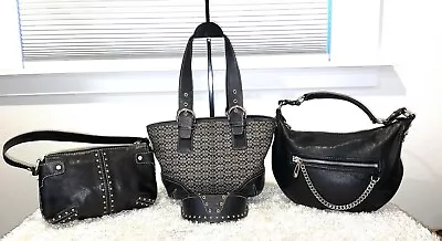 3 Designer Handbags 2 Black Leather Michael Kors & Coach Monogram Purse  • $105