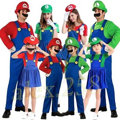 Mens Women Adult Kids Super Mario Luigi Bros Cosplay Fancy Dress Outfit Costume/ • $17.56