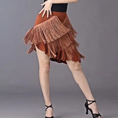 Lady Latin Tango Dance Skirt Cha-cha Ballroom Dancewear Asymmetric Tassel Modern • $31.18