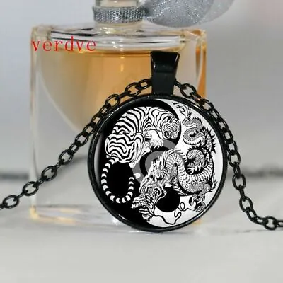 Yin Yang Dragon And Tiger Necklace Glass Black Cabochon Pendant Necklace • £5.50