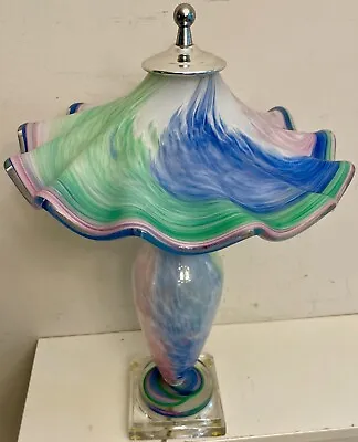 MINT! VTG RARE CRYSTAL SWIRL RAINBOW ART GLASS DOUBLE LIGHT LAMP & SHADE 20”x13” • $315