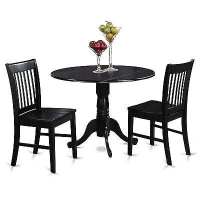 3pc Dinette Set Round 42  Kitchen Drop-leaf Table + 2 Wood Seat Chairs In Black • $390