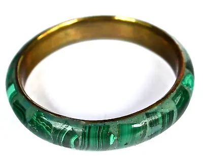 Vintage Brass & Green MALACHITE Inlay Bangle Bracelet • $28