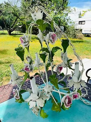 Vtg Tole Toleware Metal Hanging Floral Chandelier 5 Light Arm • $200