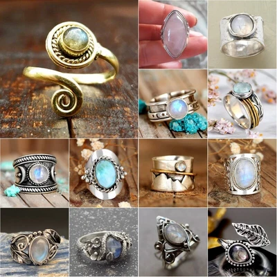 $4.44 • Buy 925 Silver Romantic Moonstone Rings Women Wedding Bridal Jewelry Gift Size 6-10