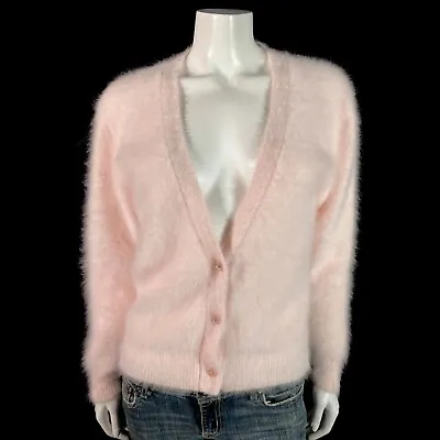 80% Angora Fuzzy Vintage NORDSTROM Pink V-Neck Cardigan Sweater 36 In Bust • $89.99