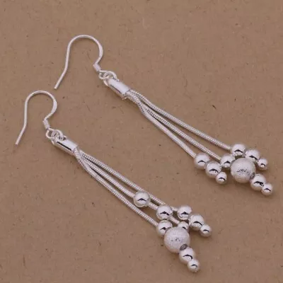 925 Sterling Silver Triple Strand Ball Bead Dangle Earrings Hook Fastening Uk • £4.08