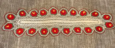 Vintage Crochet Doily Lace Raised Red Floral Flower Xmas 38  Long Oblong Euc • $23.95