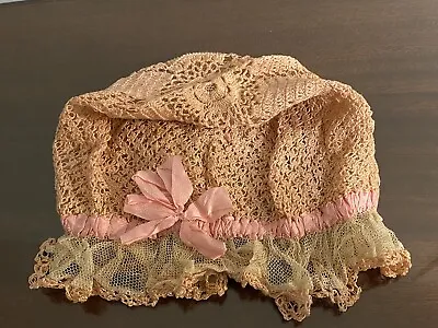 Antique Victorian Lady's Bonnet Hand Crochet Lace Fully Lined W/ Beige Organdy • $59.01