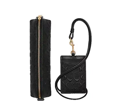 Coach Unisex Gold/Black Embossed Leather Zip Pencil Case & ID Lanyard Set - NWB • $136.26