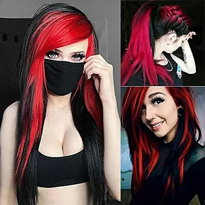 Women's Long Red Black Wig Straight Synthetic Heat Resistant Wig With Bangs New • $19.99