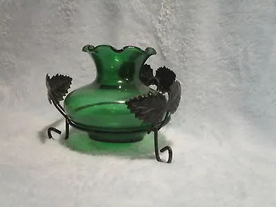 Vintage Green Miniature Vase With Metal Leaf Holder • $12.99