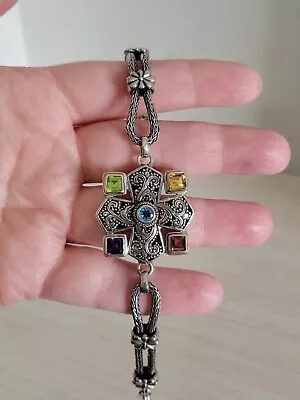 Sarda Sterling Silver 925 Multi Color Gemstone Cross Toggle Bracelet • $60