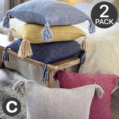 £12.95 • Buy 2 Pack Of Luxury 100% Cotton Herringbone Cushion Covers 45cm Tassels Tweed Soft