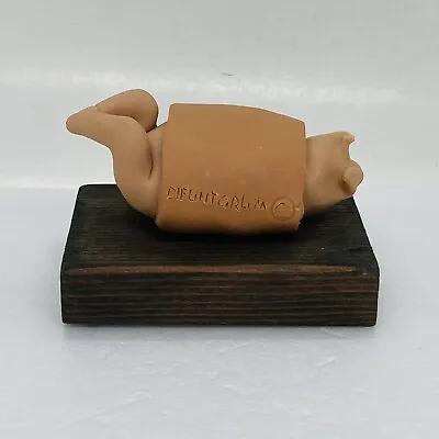 Vintage Ceramic Baby Pig Laying Upside Down Art Sculpture Wood Stand Signed 10 • $20.22
