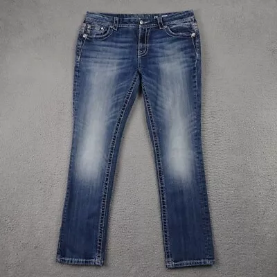 MISS ME Jeans Womens 30 Blue Easy Straight Bling Embellished Flap Pocket Whisker • $42.83