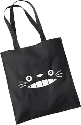 Cat Grin Face Black Cotton Tote Bag - Manga Japanese Japan Anime Film Cartoon • £6.99