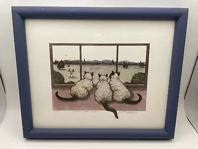 Lets Eat Out Martha Hinson Three Cats Looking Out The Window Frames Print Signed • $57.98