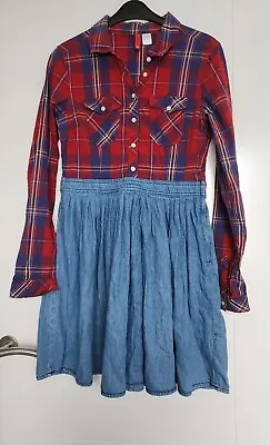 H&m Divided Red & Blue Tartan Check Long Sleeve Cotton Denim Shirt Dress 14 • £3.70