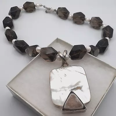 Artisan Abalone Drusy Smokey Quartz Bead Statement Sterling Silver 925 Necklace • $62.50