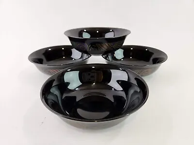 Set Of 4 Arcoroc TAMPICO Salad Cereal Bowls Black Geometric Glass France • $24.95