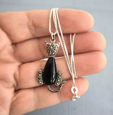 Vintage Sterling Silver Onyx Marcasite Cat Necklace • $19