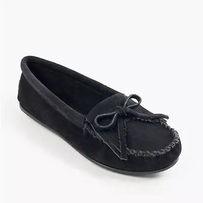 Minnetonka Black Suede Leather Kilty Slip On Fringe Moccasins Shoes Womens Sz 6 • $35.95